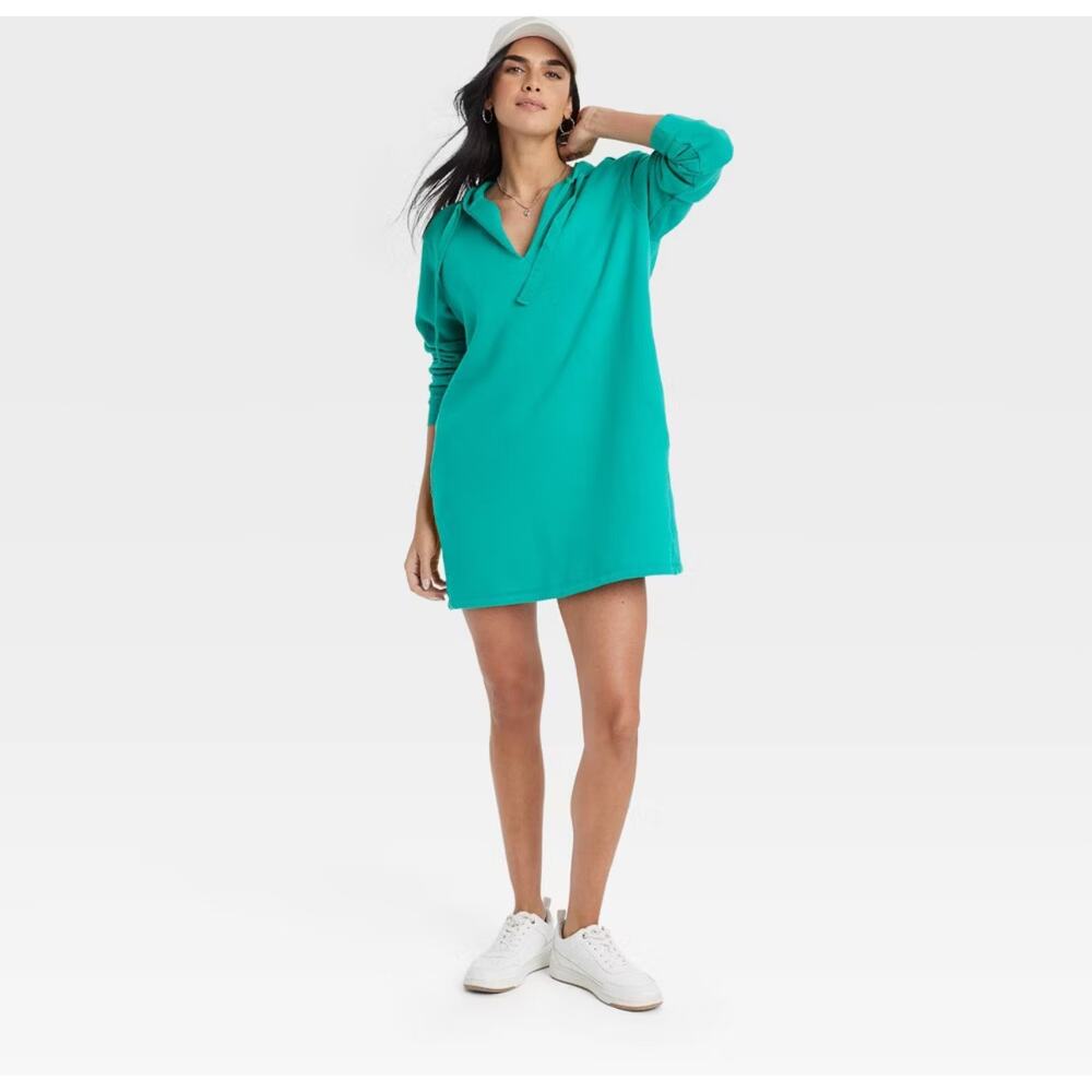 Green Oversized Hooded Tunic Sweatshirt Dress, Size XS, KB321